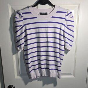 Women's Puffy Shoulder, Short Sleeve, Stripped, Spring Pullover Sweater, L